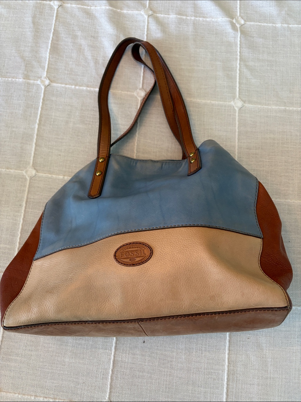 Fossil Tri-Panel Leather Shoulder Bag - Blue, Cream & Brown
